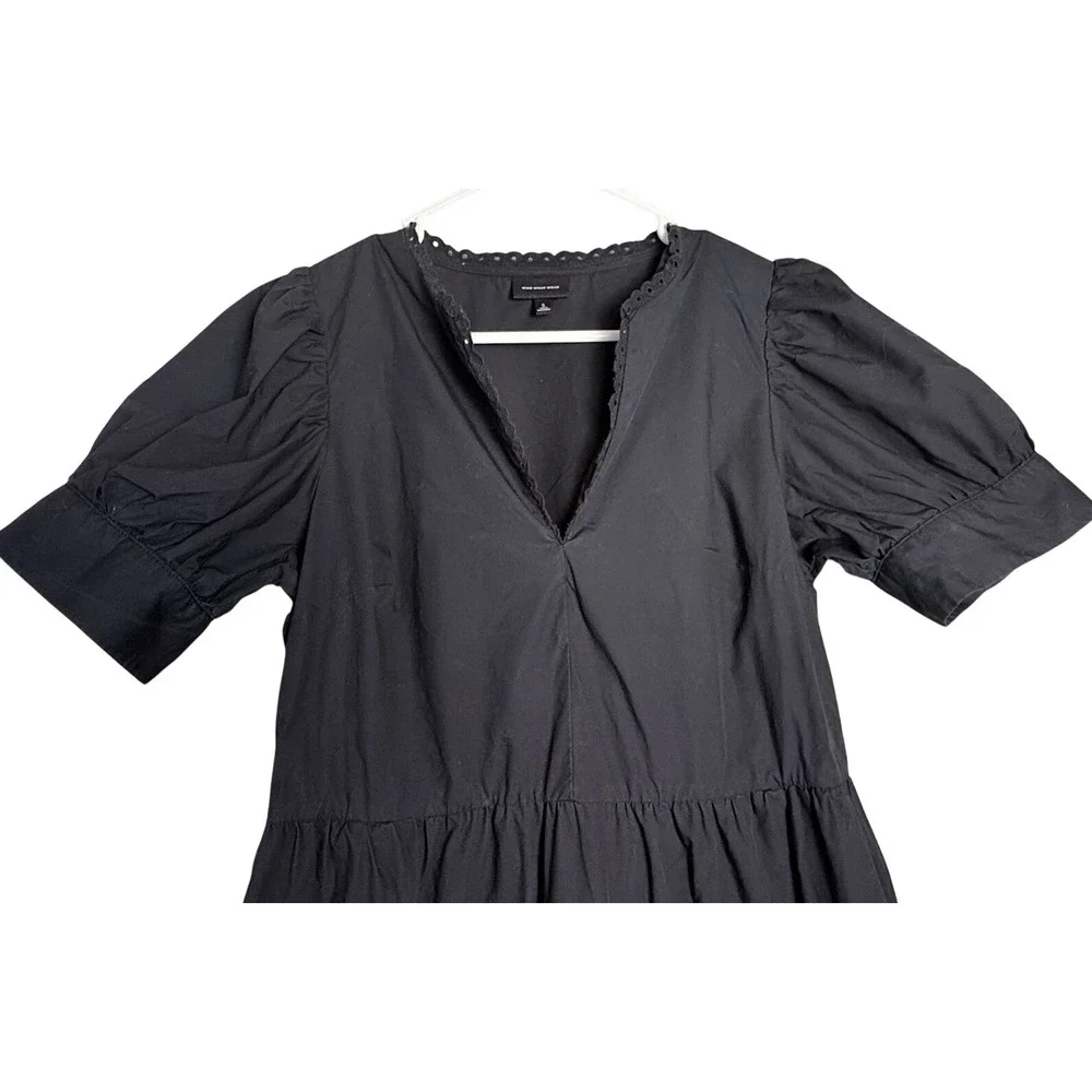 WHO WHAT WEAR Black Tiered Dress Cotton Pockets Puff Sleeve Crochet Neck SMALL - Picture 2 of 6